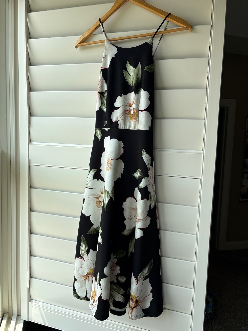 Black Floral Midi Dress with White Bloom - Picture 2 of 5